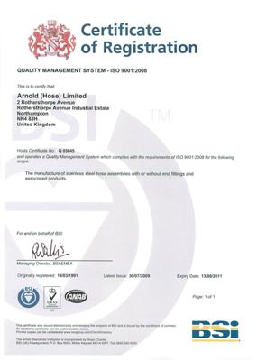 Arnold Hose ISO 9001:2000 Certificate